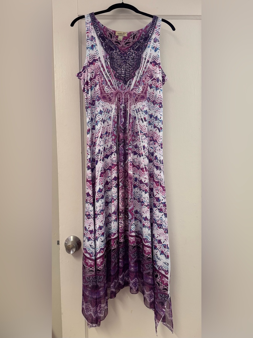 One World sleeveless Purple Midi dress embellished crochet handkerchief hem Sz M - Picture 7 of 14